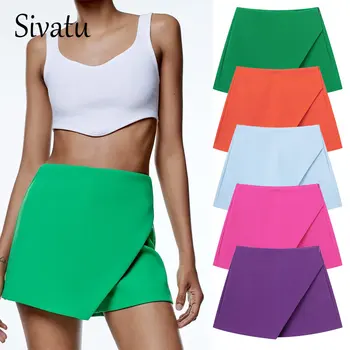 Sivatu Tráfico de Mulheres Shorts Y2k Office Senhora Saia Shorts para o Verão 2023 Cintura Alta Candy Color Casual Assimétrico Saia Calça