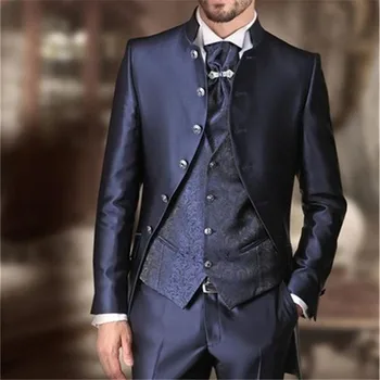 Mais Recente Azul Escuro Jaqueta Calça Com Padrão De Colete De Homens De Casamento Se Ajustar As 3 Peças De Traje Homme Noivo Terno Masculino Blazer Slim Fit