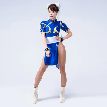 Azul Cheongsam Vestido De Festa De Halloween Sutorito Faita Jogos De Chun-Li De Trajes Cosplay Da Correia Do Arnês De Mulheres Com Roupas De Meninas