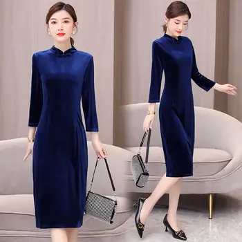 2023 Primavera, Outono Mulheres de meia-Idade está na Moda Retro Modificado Cheongsam Vestido de Veludo Stand Colarinho Casual Qipao Vestido T1969