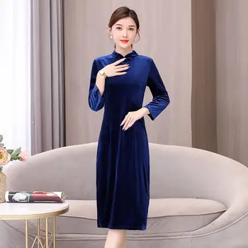 2023 Primavera, Outono Mulheres de meia-Idade está na Moda Retro Modificado Cheongsam Vestido de Veludo Stand Colarinho Casual Qipao Vestido T1969
