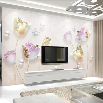 Papel de parede personalizado foto 3D murais em relevo elegante novo Chinês simples jóias de tulipas na parede do fundo pintura decorativa de papel de parede