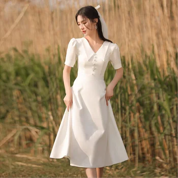 Novo Cetim Vestido de Noiva de Casamento Noivado Recepção Vestidos de Chá de comprimento Mangas Curtas, decote em V vestes de mariage vestidos para mulheres