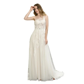 Elegante de Um ombro do vestido de casamento do Laço Appliqued Tulle A Linha de Vestido de Noiva Exemplo Real