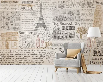 Papel de parede personalizado Nórdicos moderno, minimalista e retrô nostálgico jornal inglês Torre Eiffel na parede do fundo pintura decorativa