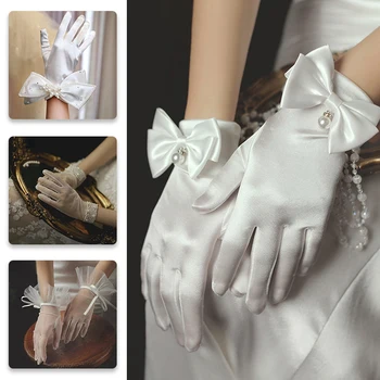 Mulheres Curto Cheio De Dedos Arco De Pulso Elegante Branco Marfim Cetim De Noiva, Luvas De Casamento De Noiva Acessórios Para A Festa De Formatura De Dança