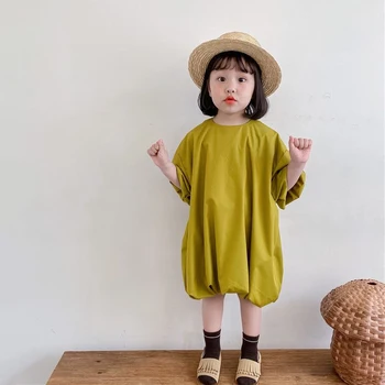 Estilo Coreano De Verão, As Crianças De Meninas Vestidos Simples Solta Sólido De Cor De Mangas Curtas, O Colar De Criança Menina Vestidos De Bebê