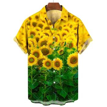 Havaianas Camisas masculinas de Girassol Impressão 3d Shirts Para os Homens Lapela de Moda Manga Curta masculina Roupas Soltas de grandes dimensões Tops Camisa