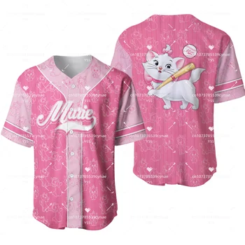 2023 Disney Marie Gato de Beisebol de Nova Jersey Marie Cat3D Impresso Malha Casual Oversize de Beisebol Shirt para Homens e Mulheres T-Shirt