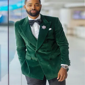 Veludo verde Ternos para Homens com Double Breasted Slim Fit 2 peças de Blazer com Calça Preta Masculina de Casamento do Noivo Smoking 2023