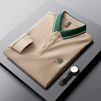 2022 nova moda da cor do contraste de lapela t-shirt dos homens high-end 100% algodão manga longa camisa polo masculina da marca bordado topo