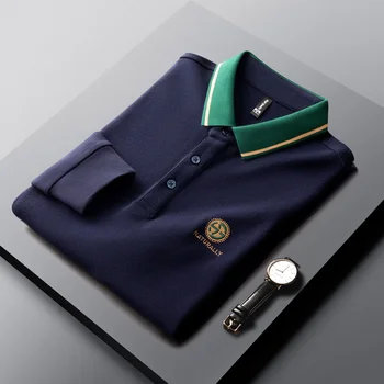 2022 nova moda da cor do contraste de lapela t-shirt dos homens high-end 100% algodão manga longa camisa polo masculina da marca bordado topo