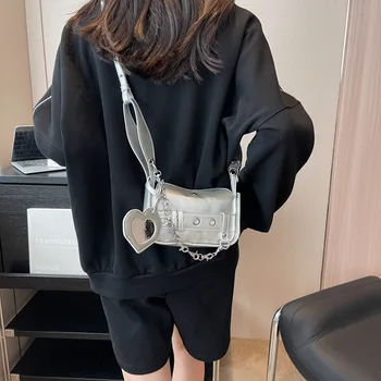 Moda Prata Quadrado Pequeno Saco Versátil Ombro Um Saco Crossbody de Alta Qualidade de Mulheres Bolsa Legal Professor de Moto Bag