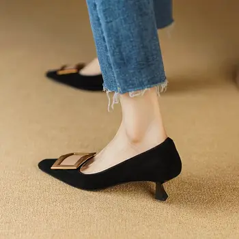 Novo Sping Moda Fivela De Couro Genuíno Mulheres Sapatos De Salto Alto De Fácil Caminhada De Casamento De Mulheres Sapatos Sexy Salto Alto Sapatos De Senhoras