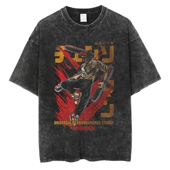 Hip Hop Vintage T-shirt dos Homens Streetwear Harajuku Anime Japonês Motosserra Homem de Impressão de T-shirt de Verão de Manga Curta T-Shirt de Algodão