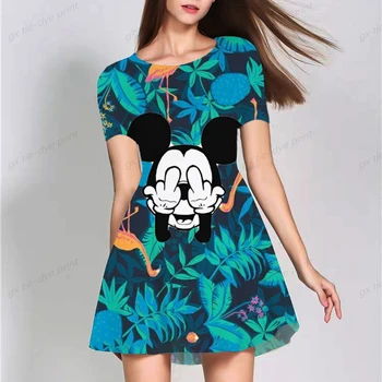 Casual, Feminino De Verão, Estampa Floral Slim Mini Vestido 2022 Sexy O Decote Grande Da Disney Do Minnie Do Mickey Retrô Sundress Mulheres Vestidos