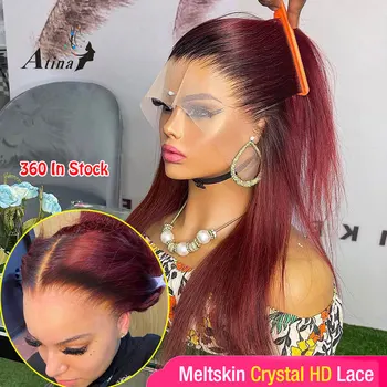 Skinlike Crystal HD 360 Full Lace Front Wig Vermelho 13x6 Transparente e Laço Frontal Peruca de Cabelo Humano Borgonha Mulheres negras em linha Reta