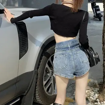 STSVZORR Y2K Vintage Rasgado Shorts Jeans feminina Verão Cintura Alta Slim Wide Leg Pants Versão coreana