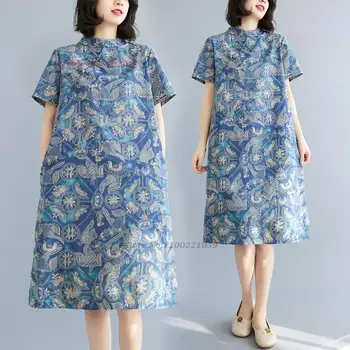 2023 chinês vintage vestido qipao nacional de flor de impressão qipao vestido de roupa de cama de algodão melhorado cheongsam oriental estilo folk vestido