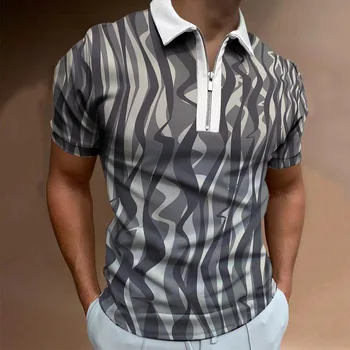 Nova verão de alta qualidade de homens de camisa de polo de alta rua impresso casual manga curta, camisa de homem de lapela zíper polo shirt dos homens