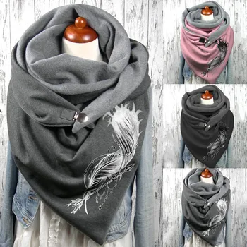 Quente Veludo Inverno Cachecol Para a Mulher Impressão de Penas Botão Lenço Envoltório Macio Moda Retro Multi-Propósito Xale Hijab Lenço шарф