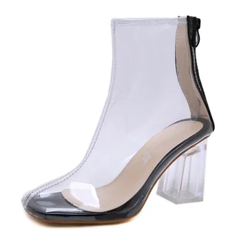 Sexy Transparente de PVC Clara Mulheres Ankle Boots Praça Toe Salto Alto com Zíper Sapatos de Plataforma de Moda feminina de Cristal Grossas Botas de Salto