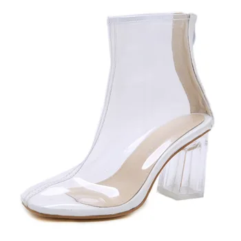 Sexy Transparente de PVC Clara Mulheres Ankle Boots Praça Toe Salto Alto com Zíper Sapatos de Plataforma de Moda feminina de Cristal Grossas Botas de Salto