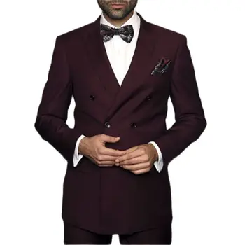 Borgonha Double Breasted Homens de Terno Para o Casamento 2Pieces(Casaco+Calça+Gravata) Moda Slim Fit Custom Made Blazer Masculino Calças