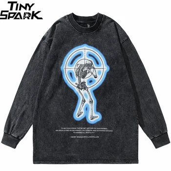 HipHop Streetwear Lavado Black T-Shirt De Caveira Esqueleto Gráfico Harajuku T-Shirt 2023 Homens De Algodão De Manga Longa Camiseta Solta Oversize