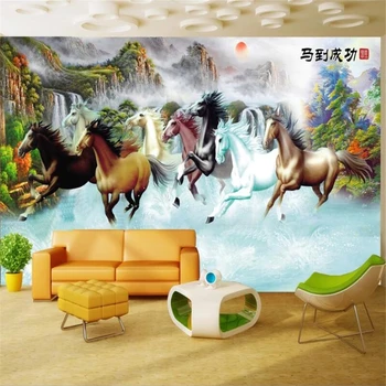 Papel de parede personalizado 3D mural papier peint cavalo para o sucesso parede da sala de estar oito cavalos sala de estar, quarto, restaurante papel de parede