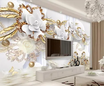 CCustom Mural 3D Círculo de Luxo papel de Parede de Ouro Branco Flor, Bola de Jóias de Fundo de Parede Sala Quarto Pintura Decorativa