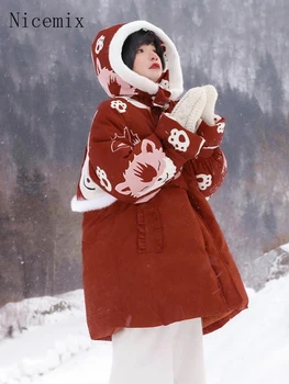 Nicemix com Capuz Casaco Acolchoado de 2023 Outono Inverno Novo Estilo de Colégio Aluno Red Fox Impressão de Costura de Mulheres maiores Quente Engrossar o Revestimento