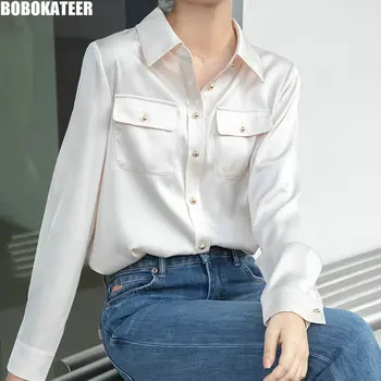 BOBOKATEER Primavera Camisas E Blusas, Roupas de Mulheres de Cetim Senhoras Tops de Manga Longa Camisa Casual coreano Moda Verão 2023