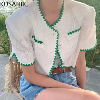 KUSAHIKI Coreia Chique de Verão Casaco Vintage Elegante, O decote Único Breasted Cardiagn Tops Bordados Bater Cor de pêlo Curto Mulheres