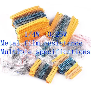 {100pcs}1/4W metal filme resistor de 1 ohm/10R/100R/1K/10K/100K/1M/200R/20K/2.2 K/3K/2.2 R/22R/510R/5.1 K/4.7 R/4.7 K/470K/330R