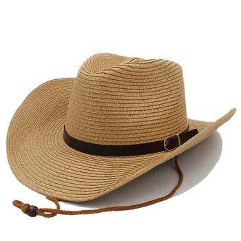 2 Tamanhos de Pai-filho Homens Mulheres Crianças Sólido Palha Western Cowboy Chapéus de Aba Larga Chapéu de Verão Caps Sombrero de Viagem Exterior Praia