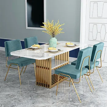 Rock laje mesa de jantar retangular simples luz de luxo aço inox mesa de jantar e cadeiras high-end villa móveis