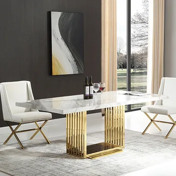 Rock laje mesa de jantar retangular simples luz de luxo aço inox mesa de jantar e cadeiras high-end villa móveis