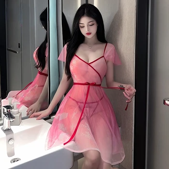 Cor-de-rosa Retrô Vestido lingerie Sexy para Mulheres Clássicas Hanfu Saia Perspectiva Tentação Chinês dramatização Casal Lingerie Nightdress