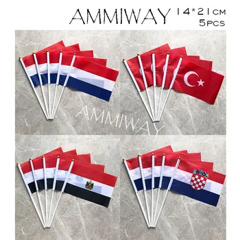 AMMIWAY 14x21cm 5pcs Holanda, Turquia, País do Mundo a Mão Acenando com Bandeira do Egito, Croácia Mão de Bandeiras com Mastro de Plástico