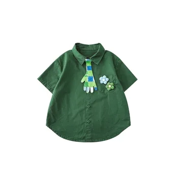 Crianças do bebê Roupa de Verão Menino Camisas com destacável Gravata de Algodão de Manga Curta Verde Bebê, Roupas para Crianças, Camisa E Shorts