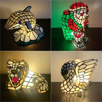 SOURA Tiffany Mesa de Vidro da Lâmpada LED Criativo Leão Golfinho-de-Cabeceira Pequena Mesa de Luz de Moda Para a Home Sala Quarto