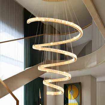 Moderno Escadas em Espiral Led Luzes Pingente em Aço Cromo K9 de Cristal Villa RC Dimmable luminária Ajustável Cabo de Led, Lâmpada de Suspensão