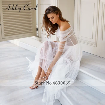 Ashley Carol Praia Vestido de Noiva 2022 Brilhante Meados de Bezerro Tulle Strapless vestido de Noiva Destacável de Ombro Fora de Manga Longa do Vestido de Noiva