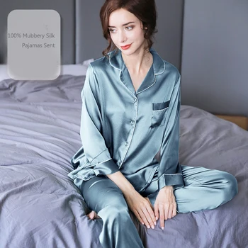 6A 22MM 100% Seda Pijamas Para Mulheres Naturais Real de Seda do Pijama Conjunto Feminino de Verão Pijamas de manga longa Home Terno Azul Luruxy