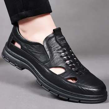 Verão de couro novo furos de calçado masculino de couro genuíno respirável casual anti-derrapante de couro legal sapatos D224