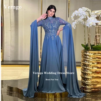 Verngo Brilhante Laço Chiffon Dubai Árabe Vestidos De Noite Empoeirado Azul, Com Gola Alta, Vestidos De Baile Formal Vestido Da Ocasião Especial Plus Size