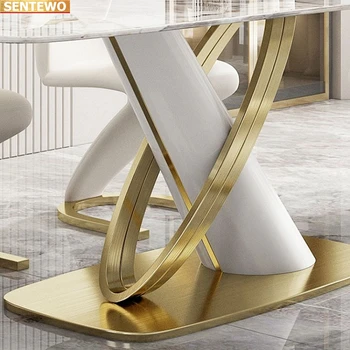 Designer de Luxo, sala de jantar em Mármore, Pedra, Laje mesa de jantar 4 cadeiras tavolo enquanto mobiliário de marbre de aço Inoxidável, base de ouro