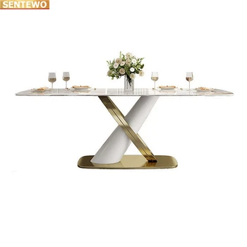 Designer de Luxo, sala de jantar em Mármore, Pedra, Laje mesa de jantar 4 cadeiras tavolo enquanto mobiliário de marbre de aço Inoxidável, base de ouro