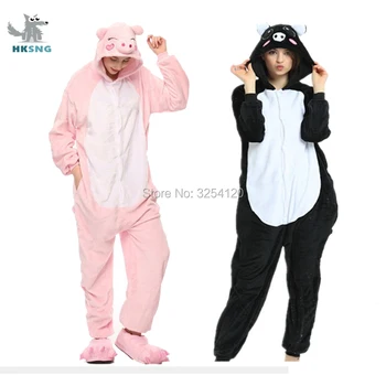 HKSNG Animal Adulto Preto Pink Pig Kigurumi Macacão Pijama de Flanela de banda desenhada do Partido das Halloween Trajes Cosplay Macacões